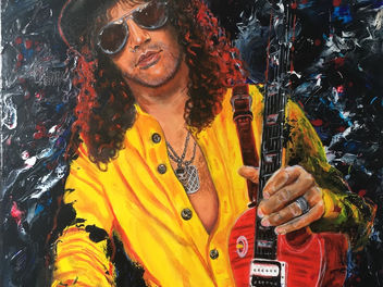 Original portrait painting by artist Stewart Hall of celebrity guitarist & musician Slash aka Saul Hudson. Slash is in a colourful yellow shirt holding a red guitar against a dark background.