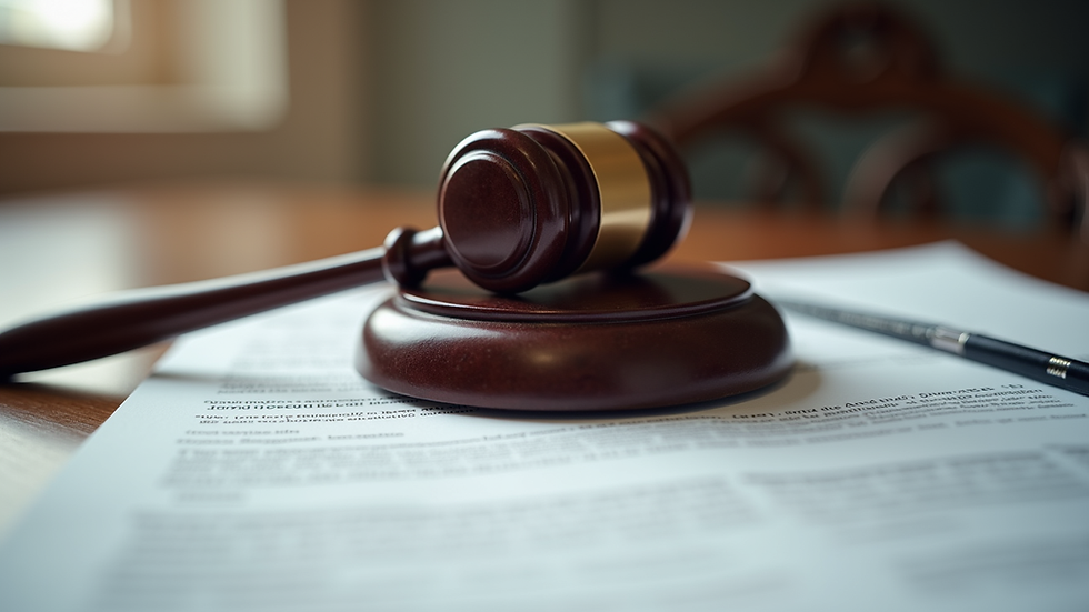 Eye-level view of a gavel resting on a legal document