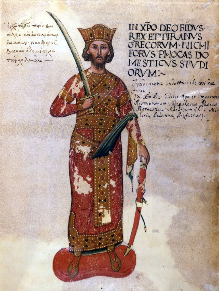 A painting of a king in a crown, dressed in red, with golden sashes, holding an unsheathed sword pointing up and ready to slash in his right hand, with the scabbard pointing downward in his left.