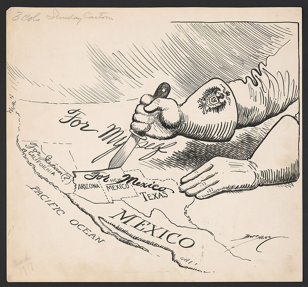 A cartoon drawing of two hands wearing white gloves, with the eagle symbol of Germany on the cuff. The hand is holding a knife and cutting into a map of southwestern United States. In particular, the states Arizona, New Mexico, and Texas are labeled "For Mexico."