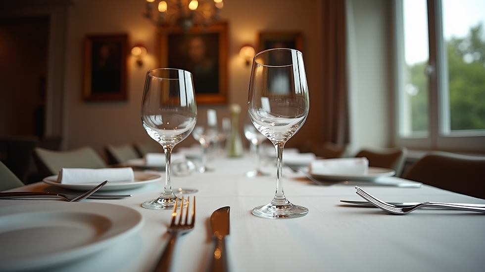 Eye-level view of a fine dining table set with elegant cutlery and wine glasses