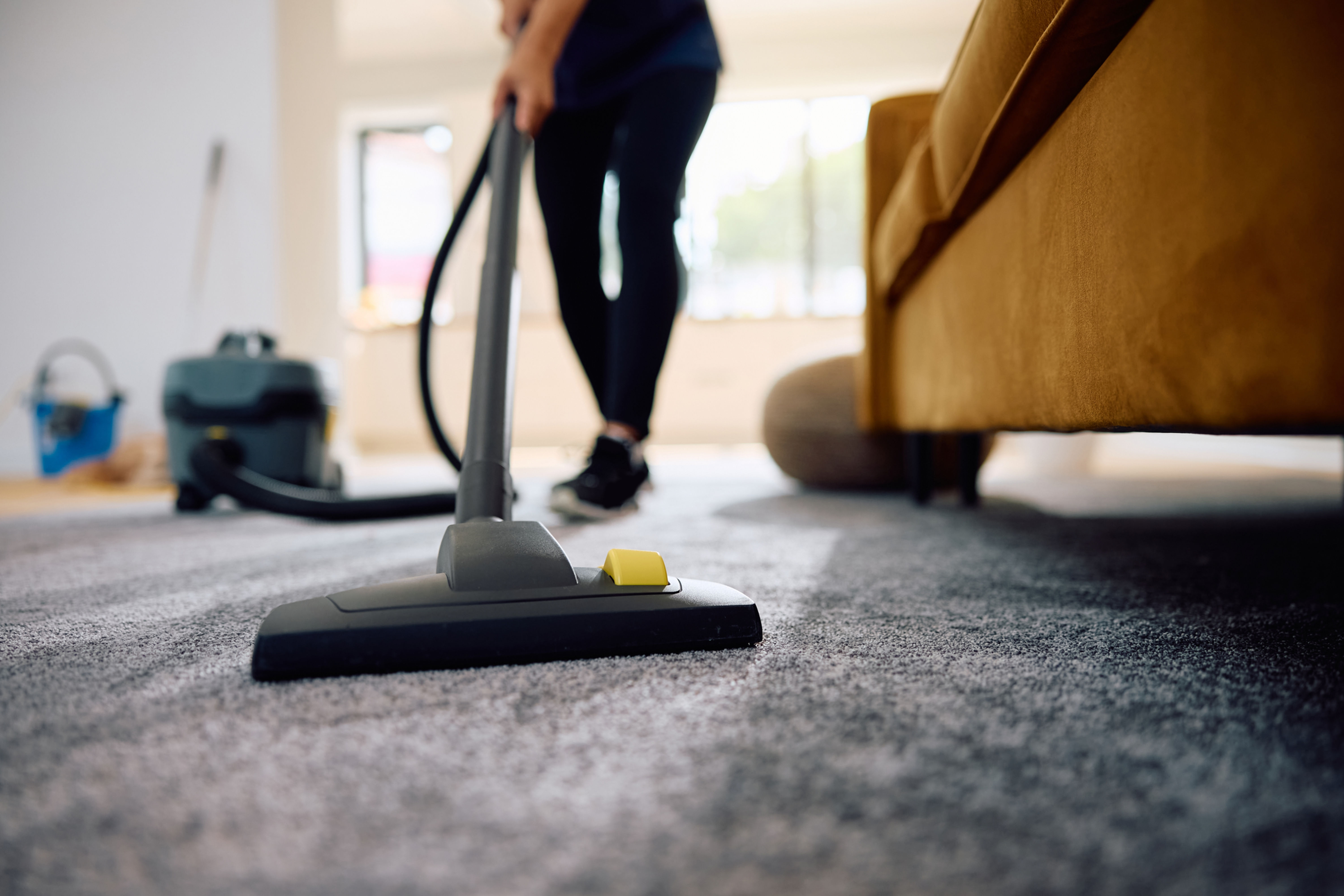 Two professional cleaners in uniform standing in a clean home environment.