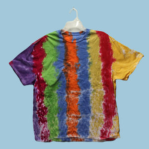 A vibrant orange, yellow and red tee shirt