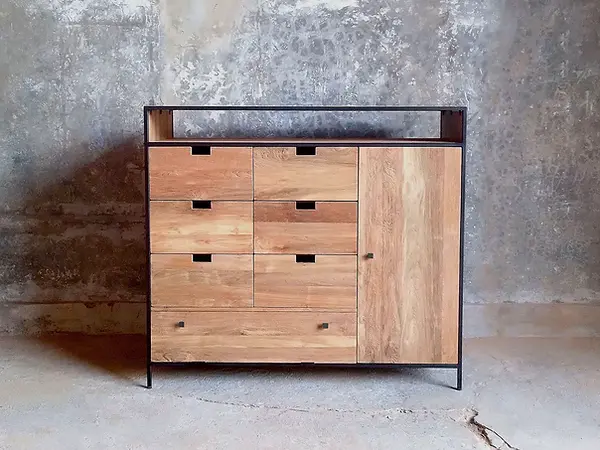 Industrial teak sideboard with black metal frame, handcrafted in Jepara by Ed and Coco, inspired by Bali design for modern rustic interiors.