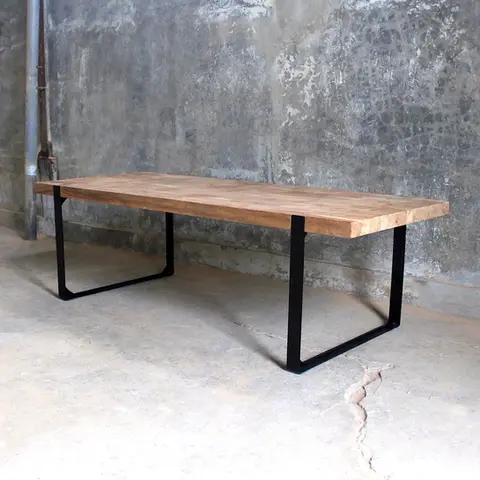 Side view of teak mosaic dining table featuring brushed wood texture and powder-coated black iron U-legs.