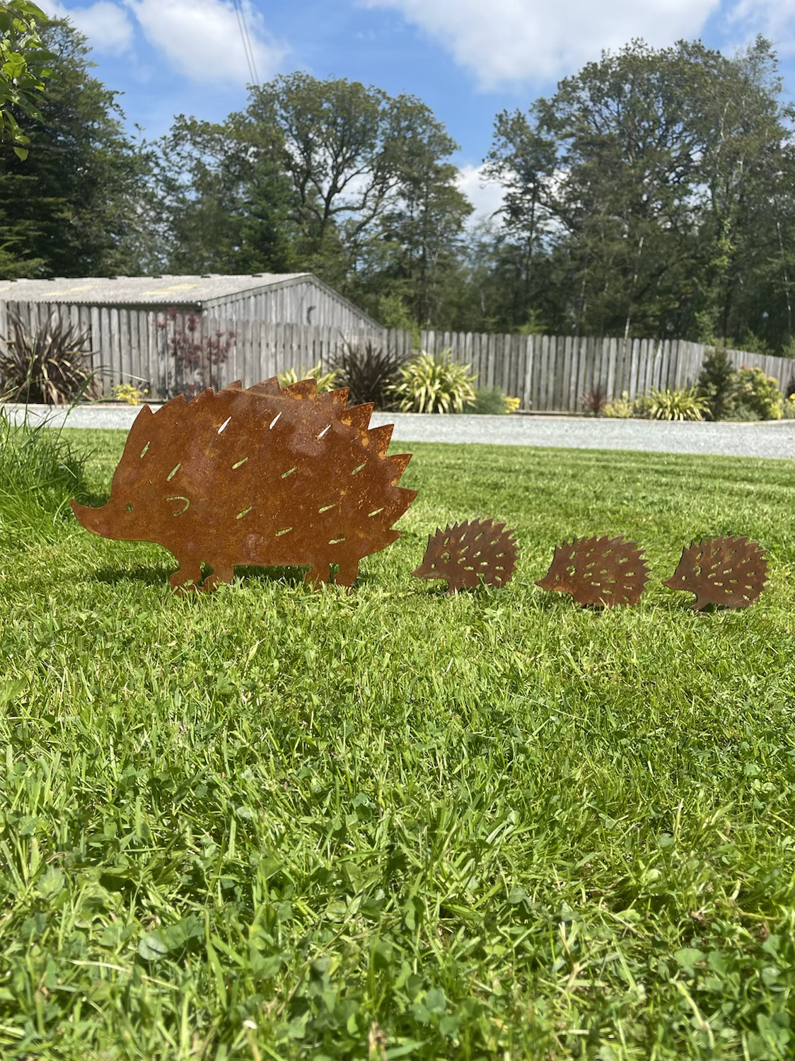 Rusty Metal Rustic  Hedgehog Family Garden Sculpture Flower Design Gift