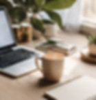 A modern, softly-lit workspace with golden accents and warm natural light, featuring a lap