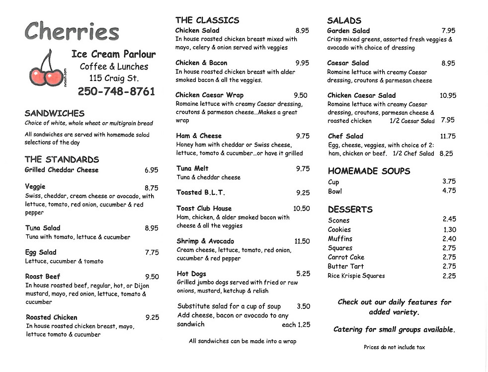 Cherries Ice Cream Parlour Menu Home