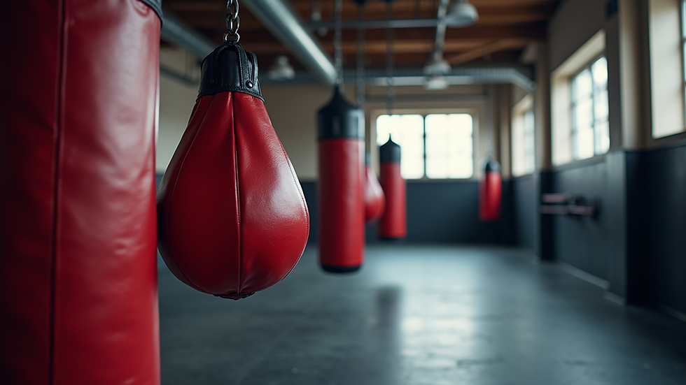 Eye-level view of a modern boxing gym with punching bags and training equipment
