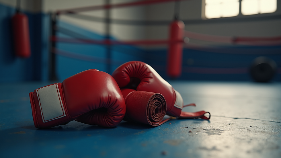 Close-up view of boxing gloves and hand wraps on a gym floor