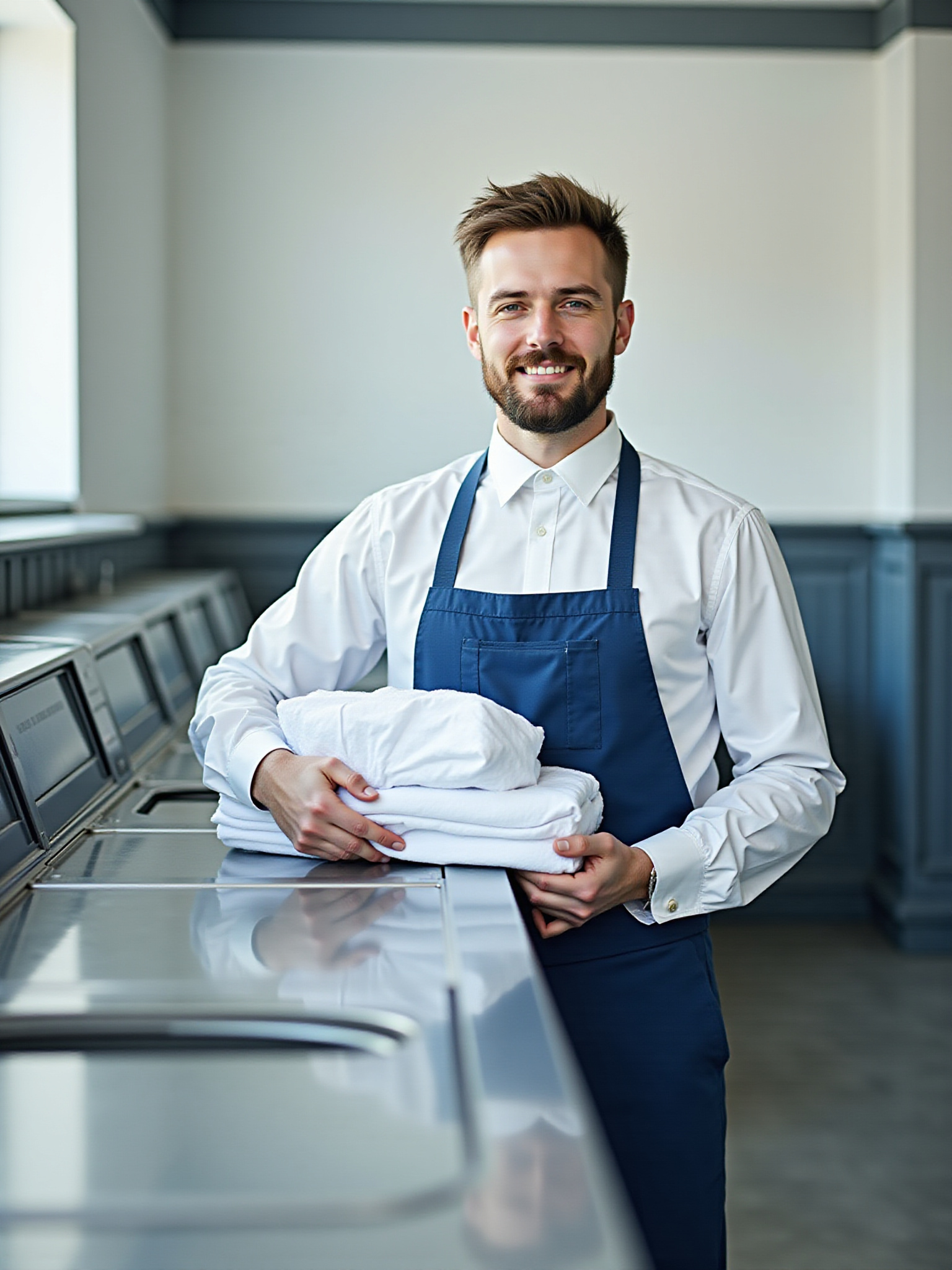 Smiling man in apron holding folded white laundry at laundromat