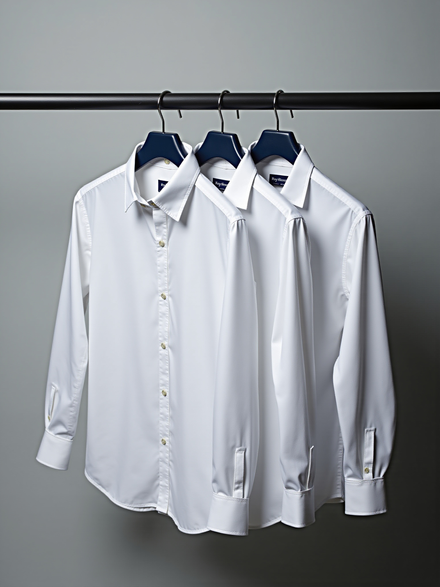 Three white dress shirts hanging on a clothes rod against a grey background.