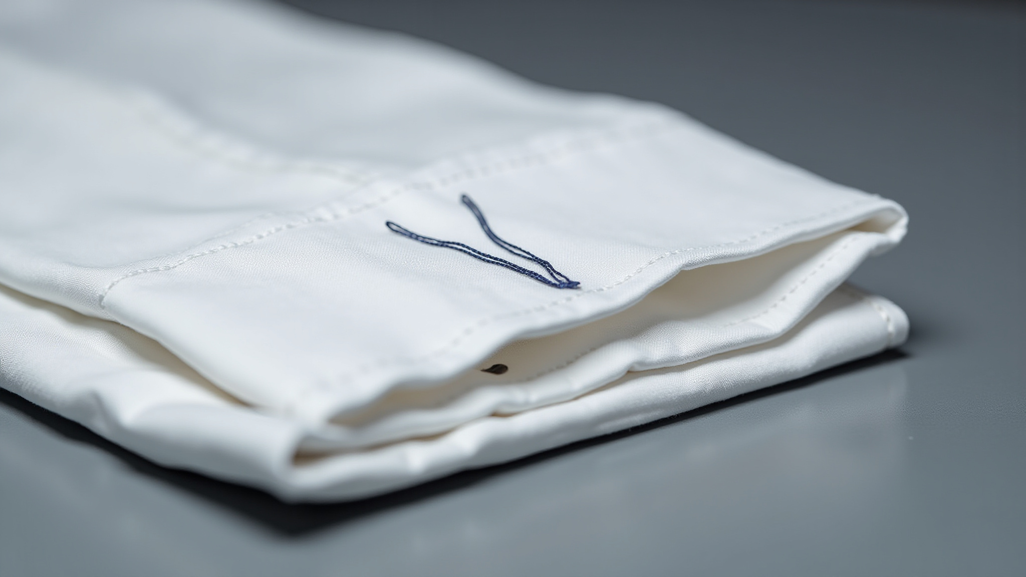 White fabric cuff with blue stitching on a gray surface.