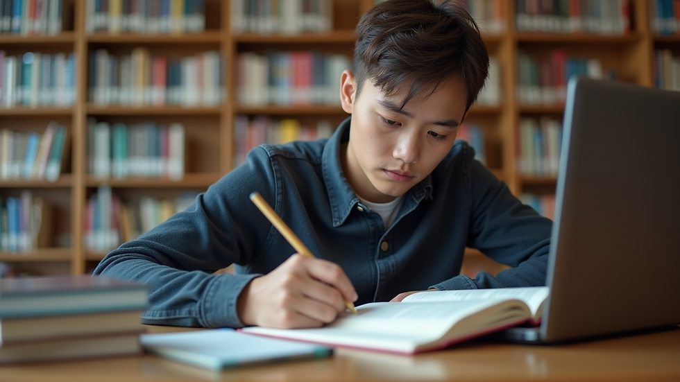 Close-up view of a student studying with books and laptop in a library