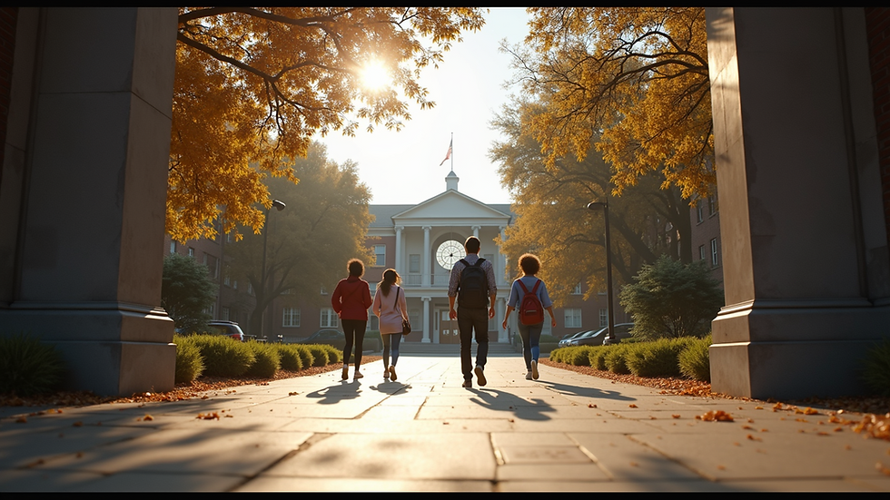 Eye-level view of university campus entrance with students walking