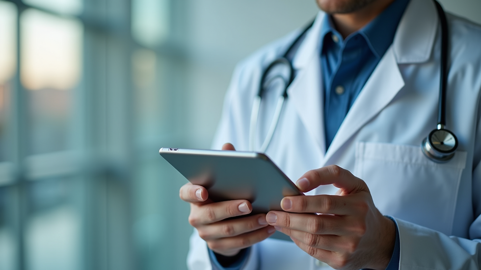 Close-up view of a healthcare consultant reviewing patient data on a tablet