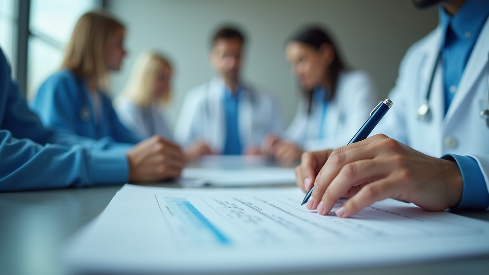 Eye-level view of a healthcare professional reviewing compliance documents