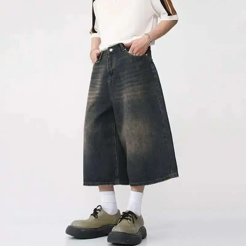 Miniatura: IEFB Korean Style Vintage Men's Jeans Summer Loose Male Wide Leg Knee Length