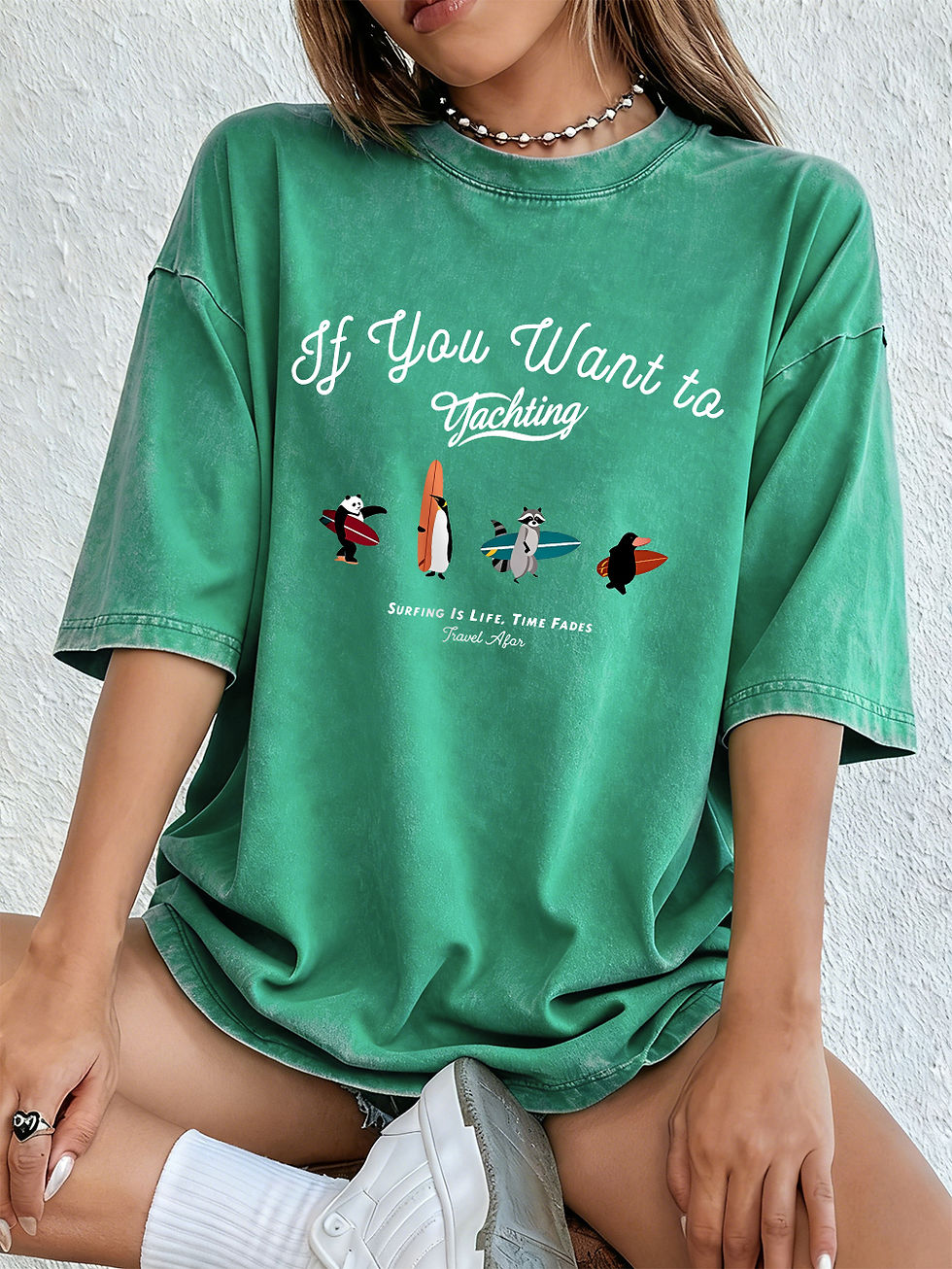 Thumbnail: Surfing Is Life Cartoons Bear Prints Washed T-Shirt Women Cotton Oversize Tops S