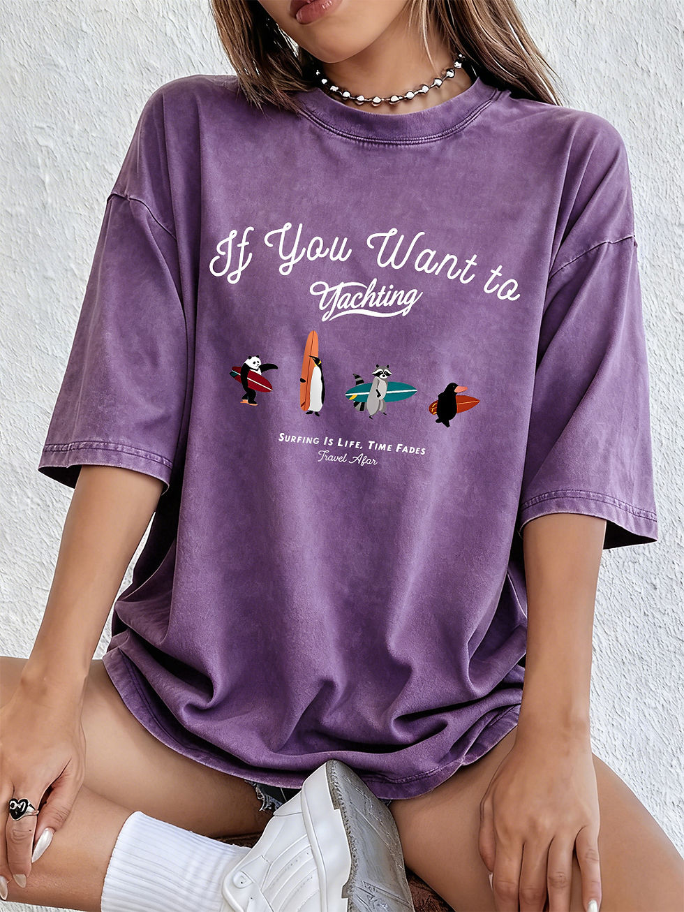 Thumbnail: Surfing Is Life Cartoons Bear Prints Washed T-Shirt Women Cotton Oversize Tops S