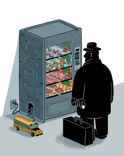 Captive Audience, a faceless shadowy corporate businessman stands in front of a vending machine full of class rooms.
