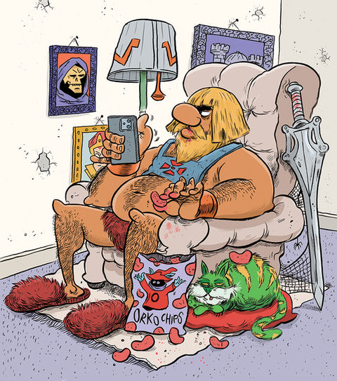 A middle aged out of shape He Man sitting on a sofa eating chips and on his phone.