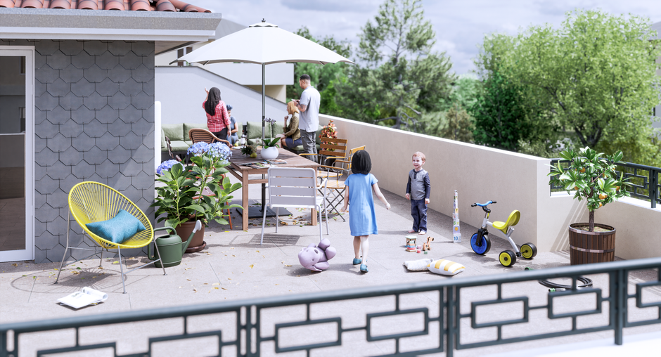 bellevue-visualisation3d.com L'immeuble "LES JARDINS DE L'HOTEL DE VILLE" 2021. Perspectives 3D réalisées pour la société Grattard Architecte, Lyon. 
Meyzieu 69330, programme immobilier de 19 logements / R+2+Attique.