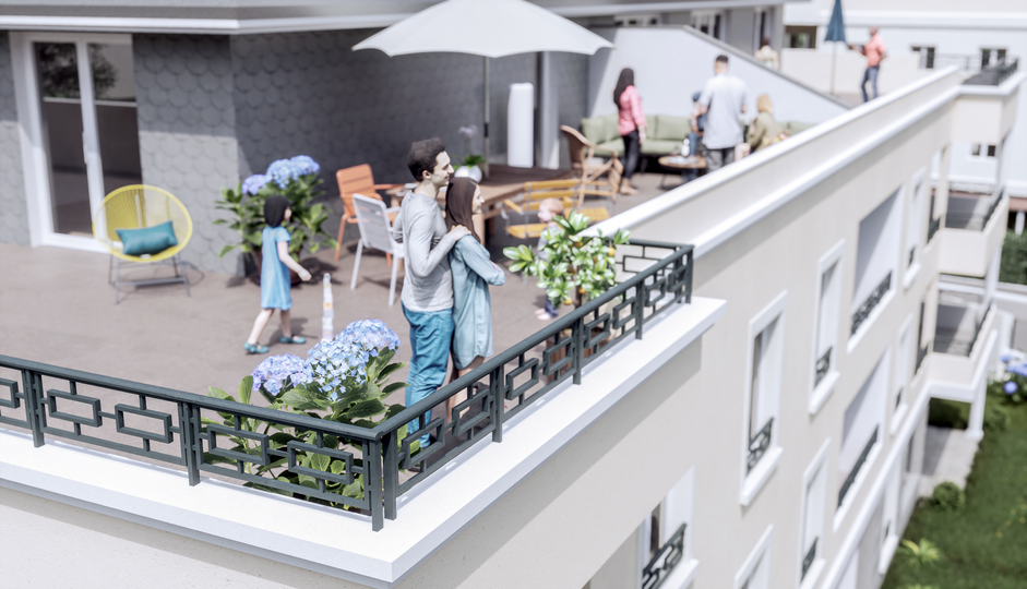 bellevue-visualisation3d.com L'immeuble "LES JARDINS DE L'HOTEL DE VILLE" 2021. Perspectives 3D réalisées pour la société Grattard Architecte, Lyon. 
Meyzieu 69330, programme immobilier de 19 logements / R+2+Attique.