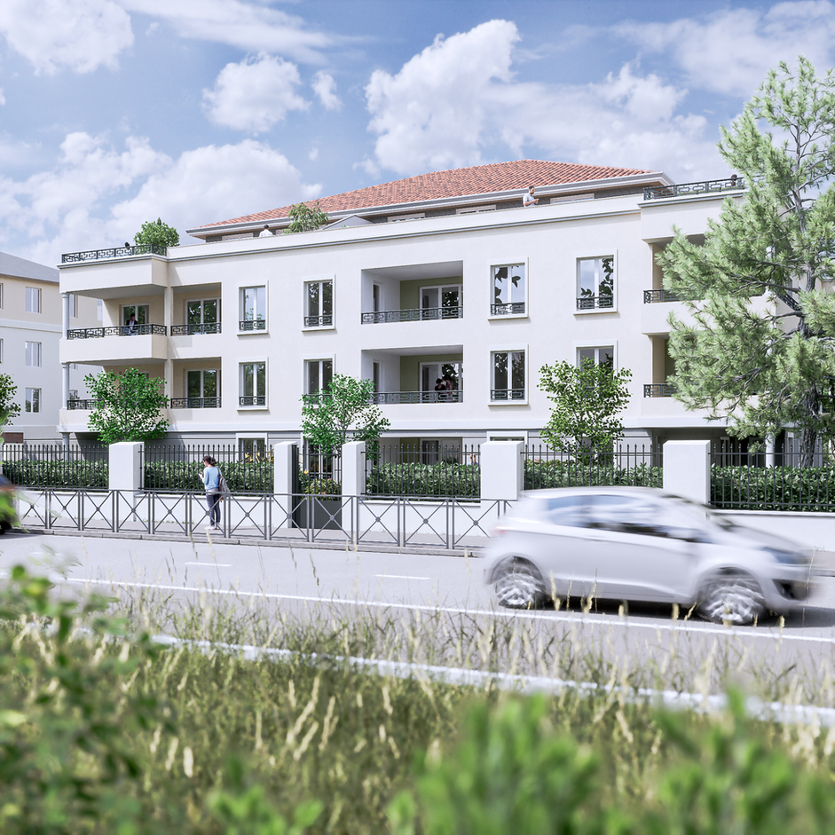 bellevue-visualisation3d.com L'immeuble "LES JARDINS DE L'HOTEL DE VILLE" 2021. Perspectives 3D réalisées pour la société Grattard Architecte, Lyon. 
Meyzieu 69330, programme immobilier de 19 logements / R+2+Attique.