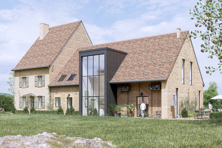 bellevue-visualisation3d.com Propriété "LES M----------S" 2022. Perspectives 3D extérieures réalisées pour le projet de la rénovation d’un corps de ferme, Saône-et-Loire, 71600. 