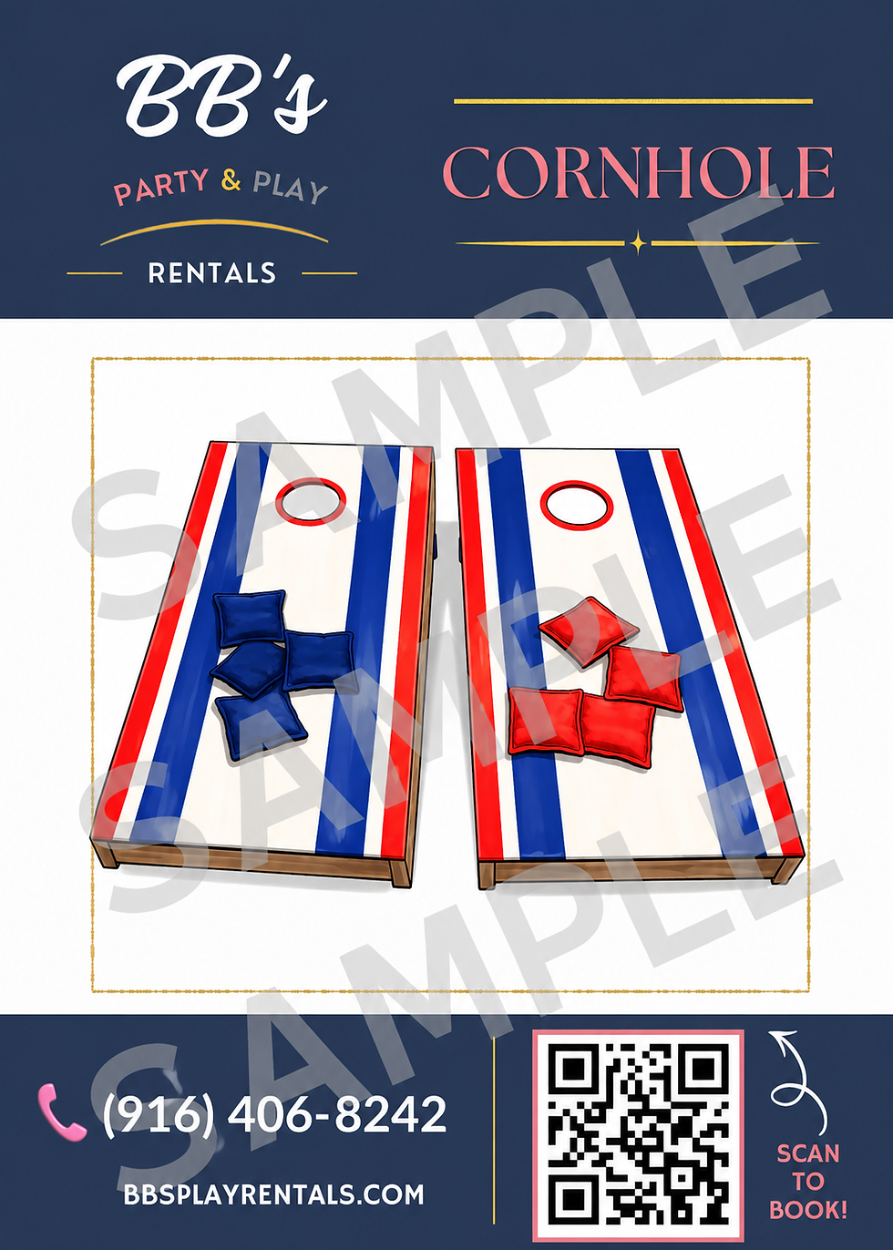 Cornhole operations card template sample — Red White Blue style