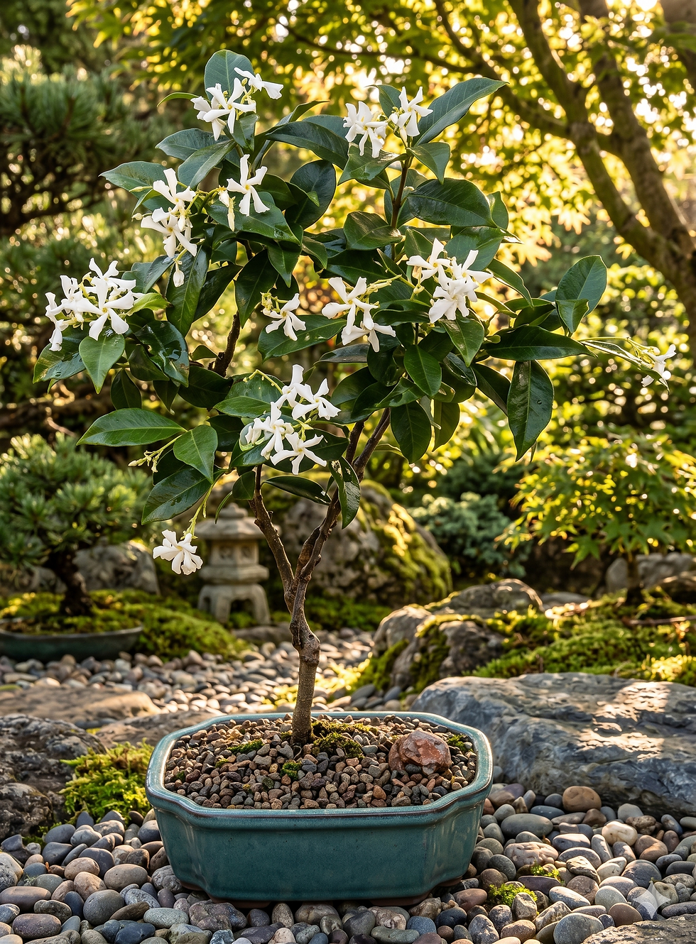 It is in full bloom, adorned with clusters of delicate, pure white star-shaped flowers.