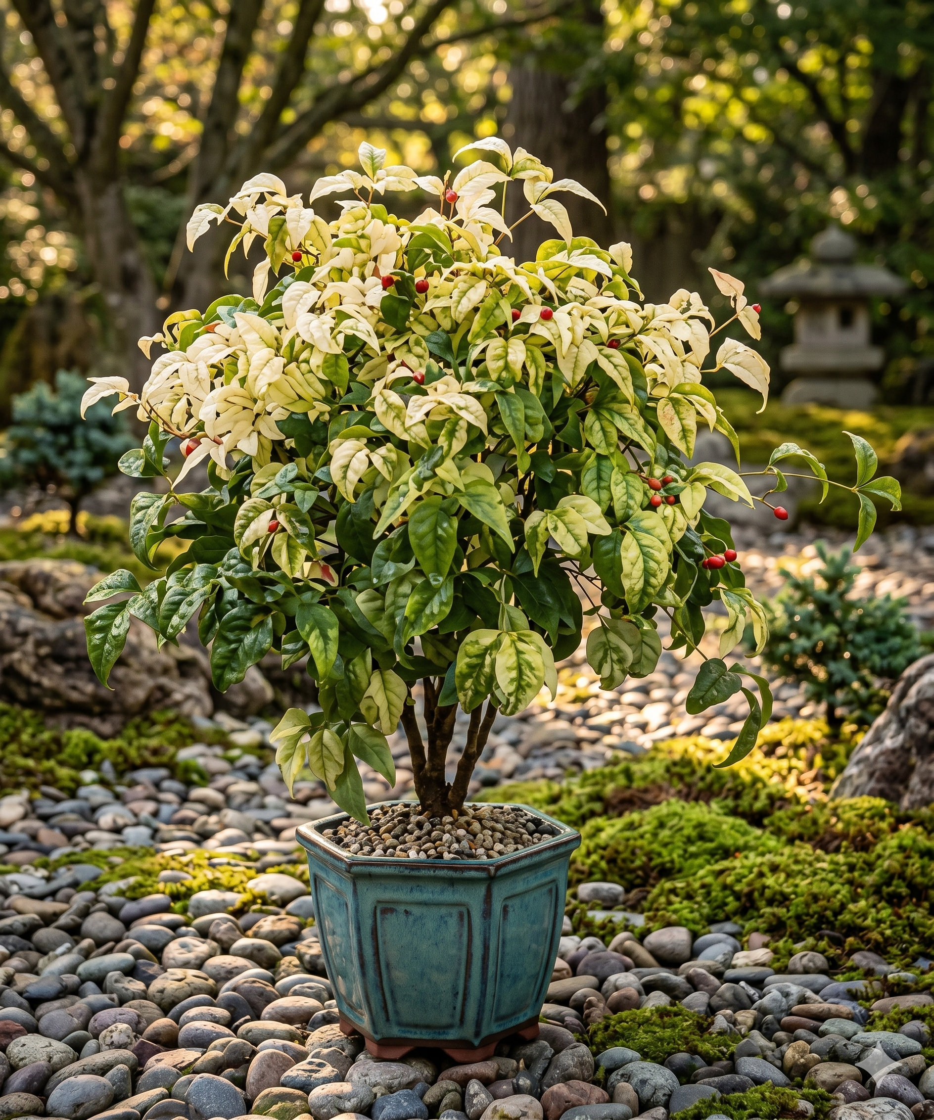 Flowering Heavenly Bamboo (Nandina domestica) bonsai tree in a serene, natural Japanese garden environment.