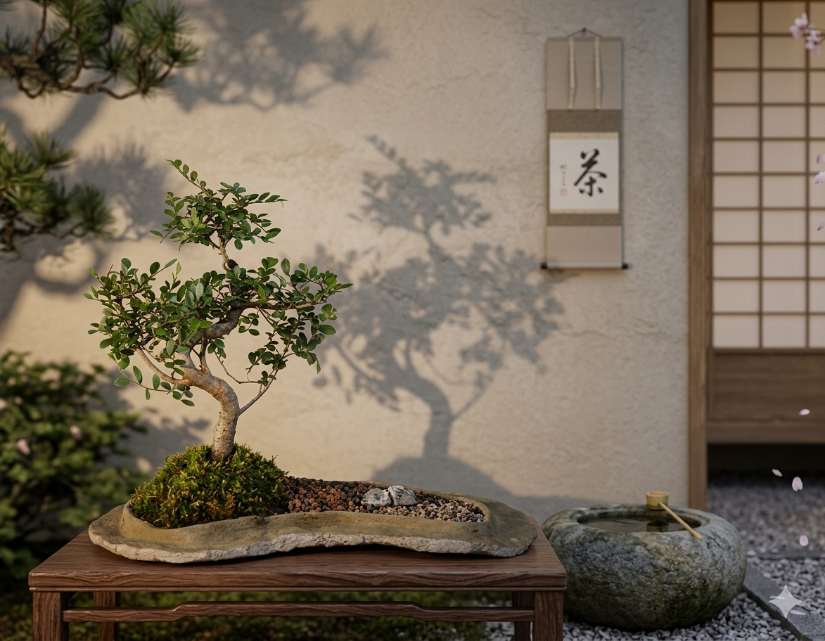 A detailed close-up photograph of a meticulously shaped Chinese Elm bonsai tree, featuring a curved trunk planted on rock.