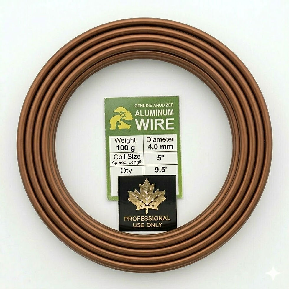 "A robust 100-gram coil of 4.0 mm brown anodized aluminum bonsai training wire. The wire is notably thick.