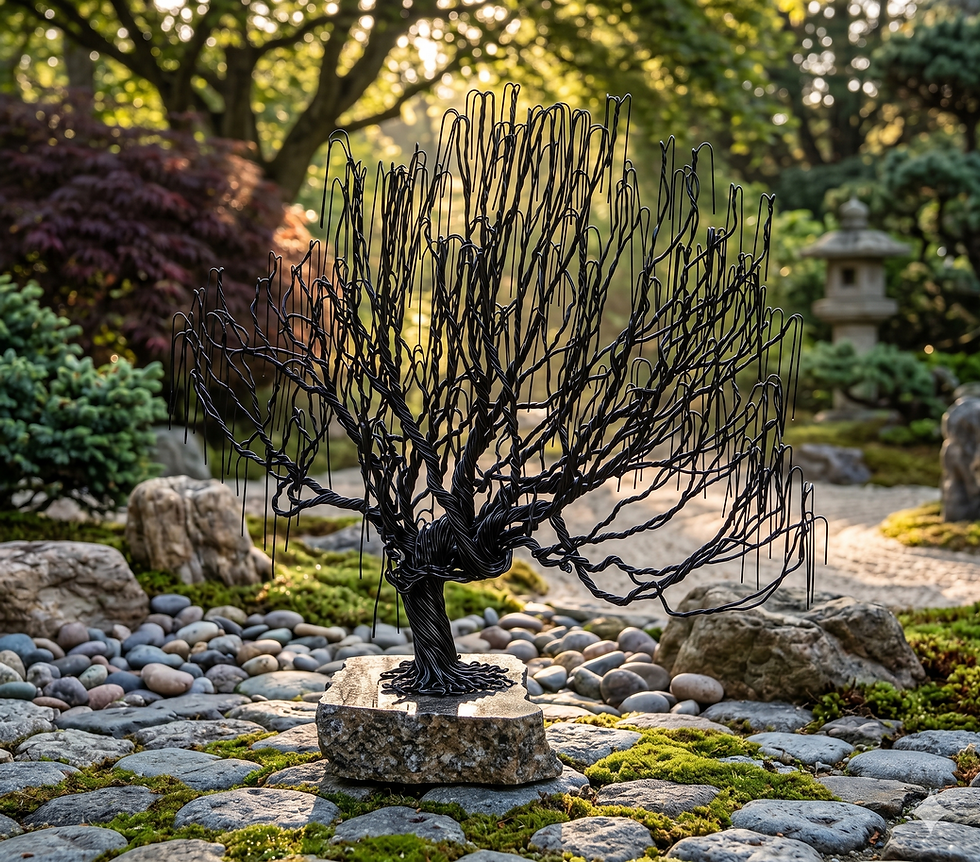 The sculpture features a thick, gnarled, and intricately twisted trunk form made from bundled and coiled wires