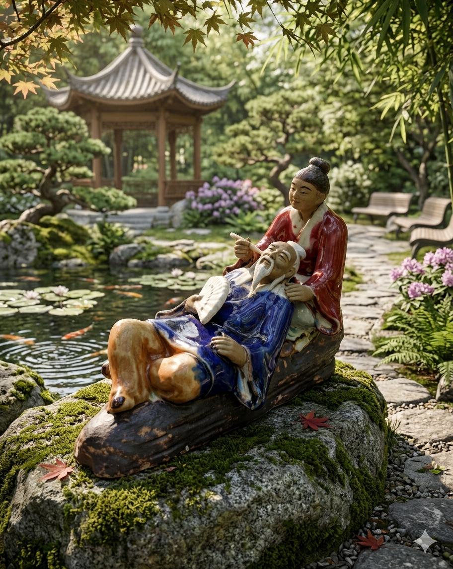 Ceramic Glazed Figurine. Man in blue robe and women in red robe relaxing on a bench. Fine Detail.