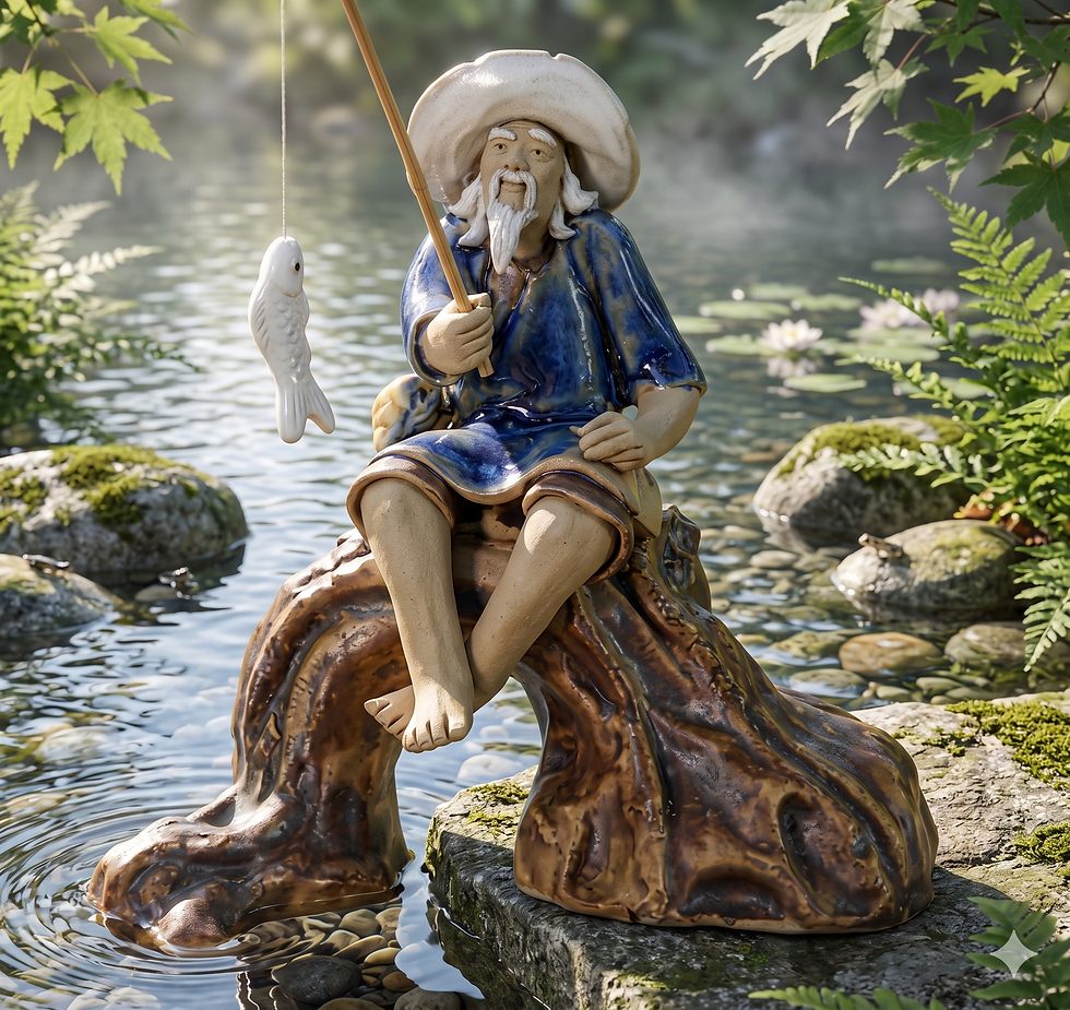 Finely detailed miniature ceramic fisherman figurine. Fisherman sitting on a log.