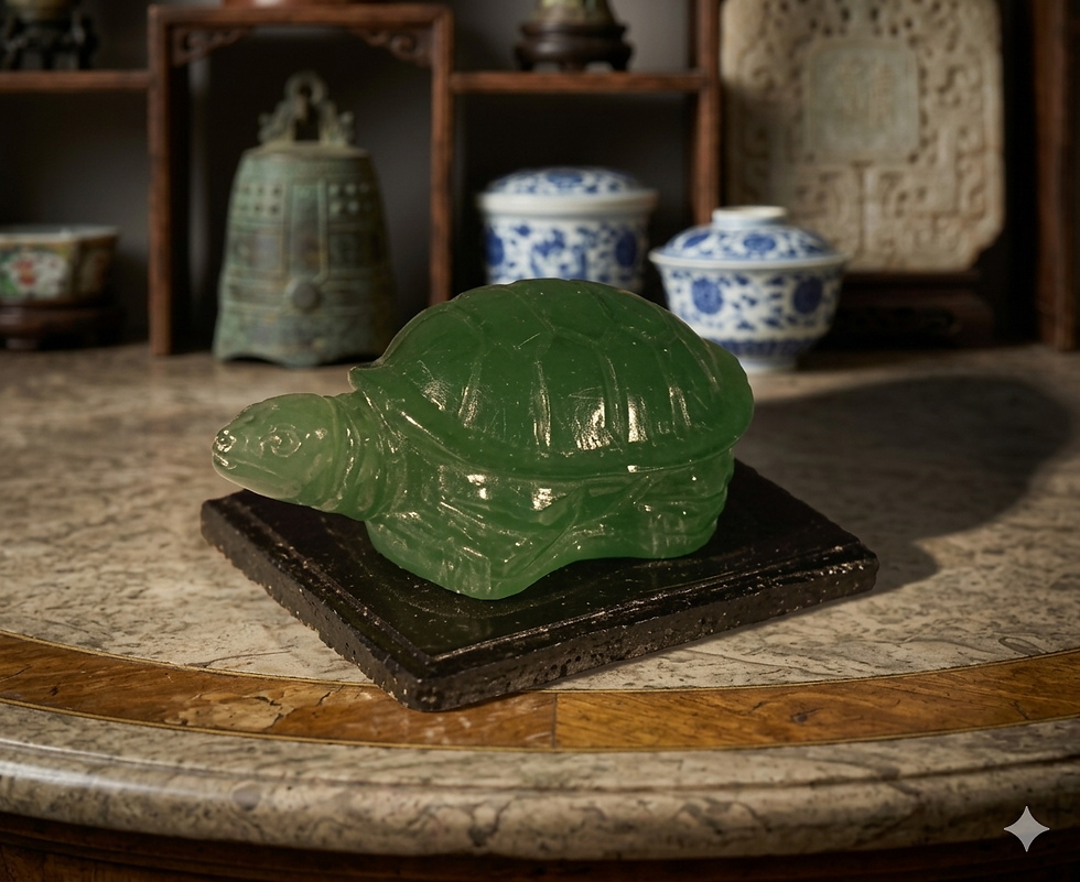 A translucent emerald green glass turtle figurine resting on a square, dark-textured wood base.