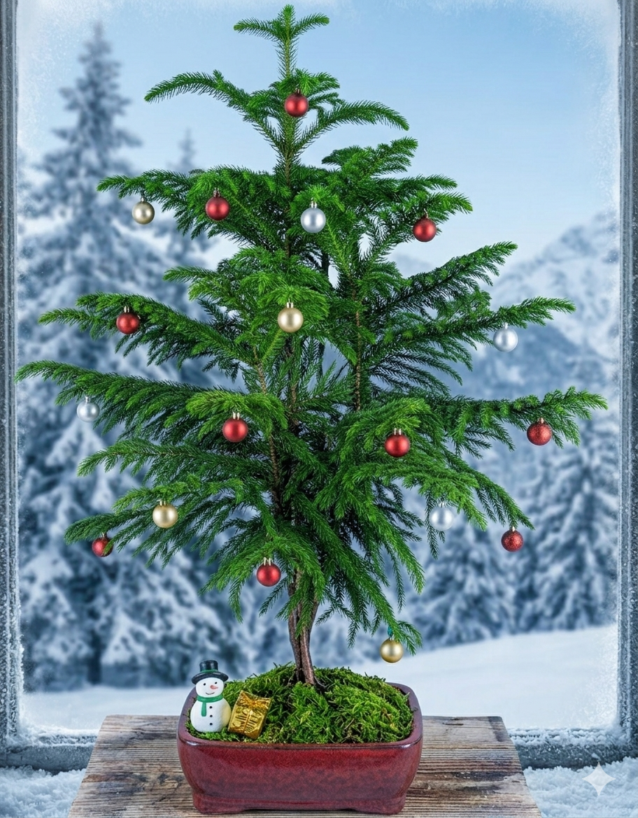 Norfolk Island Pine Bonsai Tree With Holiday Decorations