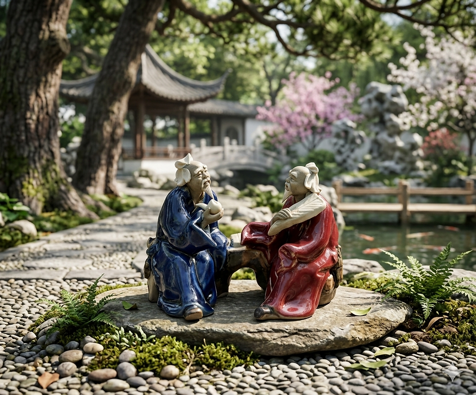 Ceramic glazed figurine. Two men on bench with pipe & fan