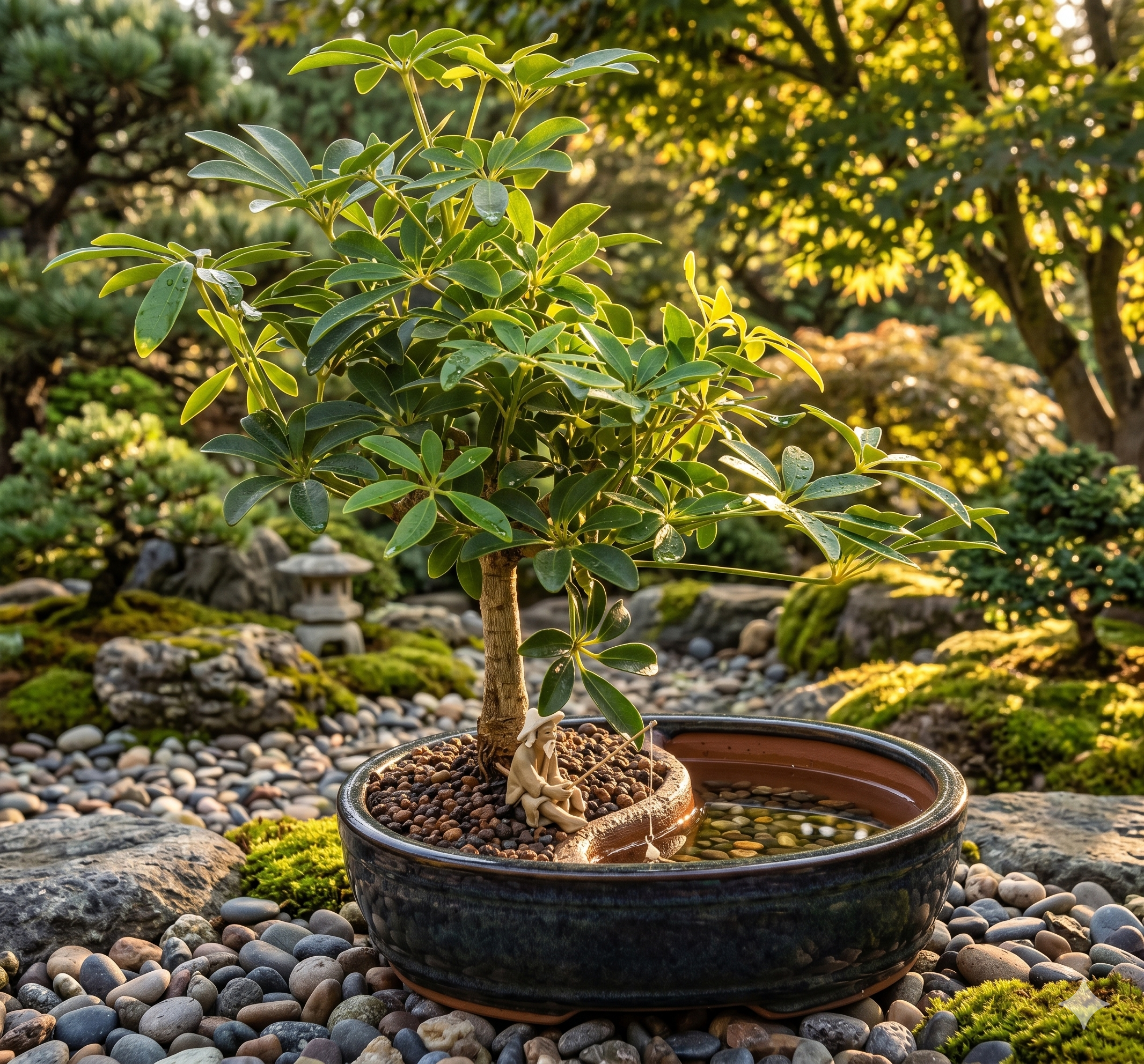 The bonsai features a thick, textured tan trunk with visible "eyes" or leaf scars, supporting a lush,  canopy  of leaves.