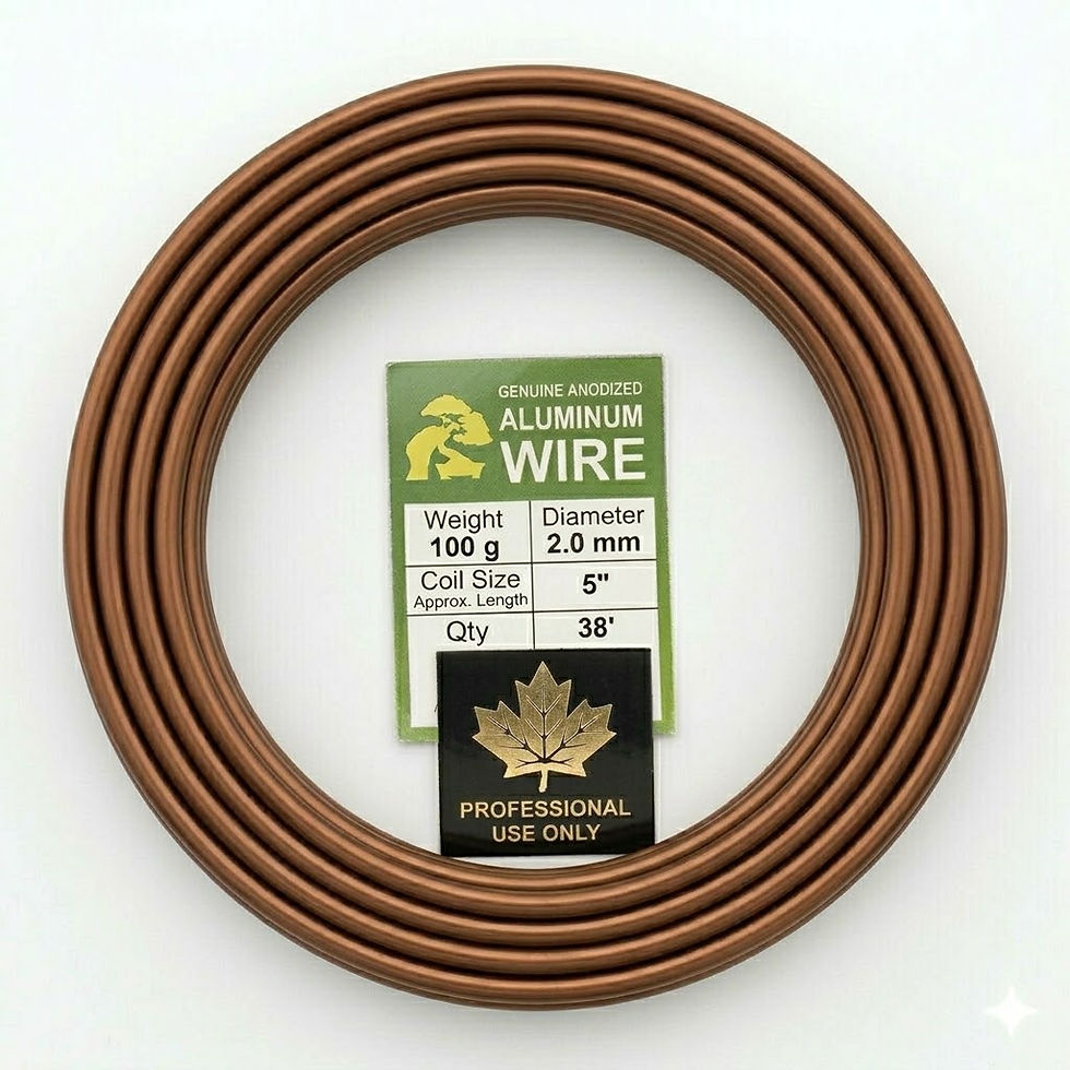 A sturdy 100-gram coil of 2.0 mm brown anodized aluminum bonsai training wire. The wire is  thicker than precision gauge.