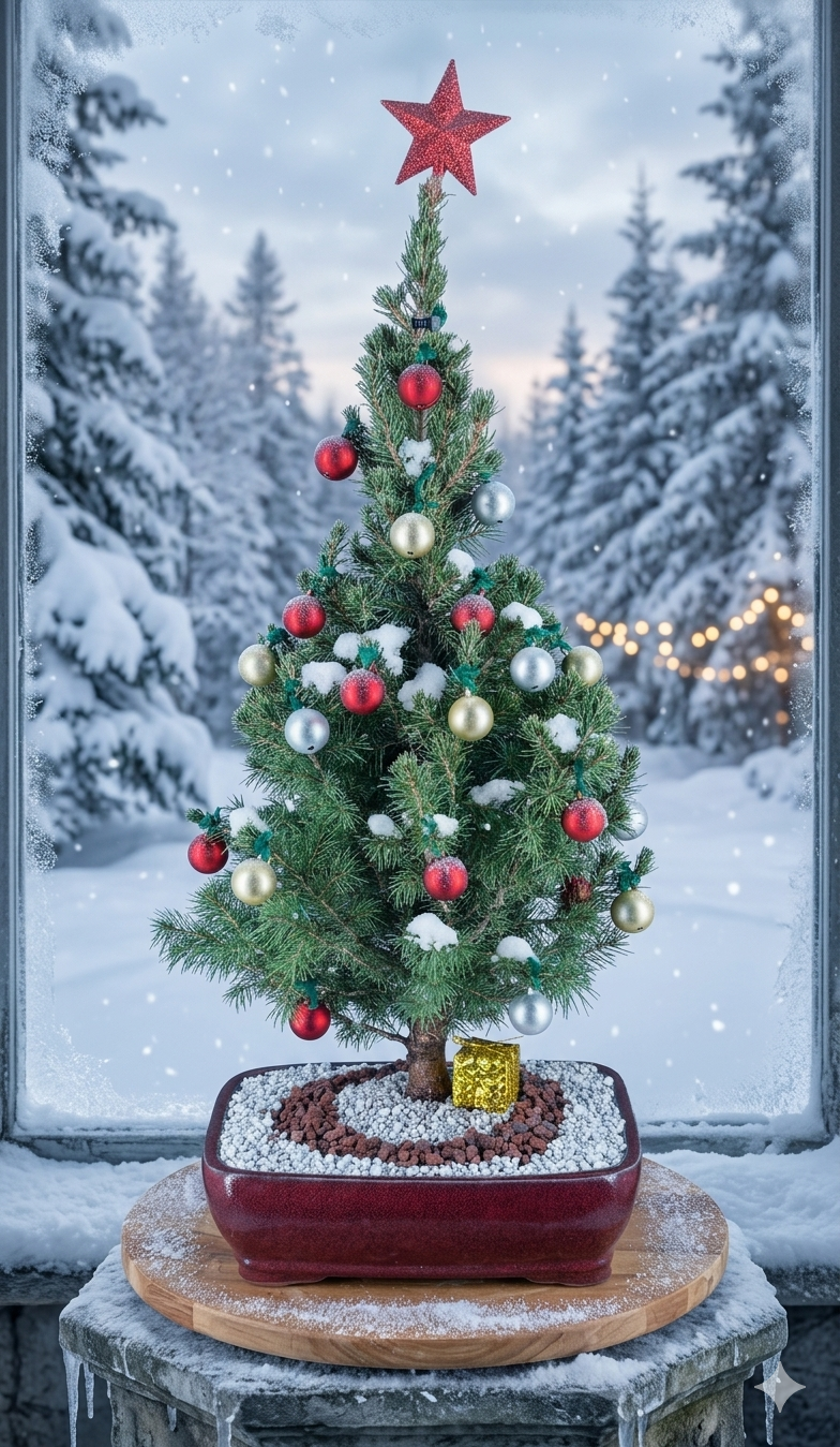 Dwarf Alberta Spruce Bonsai Tree  With Holiday Decorations