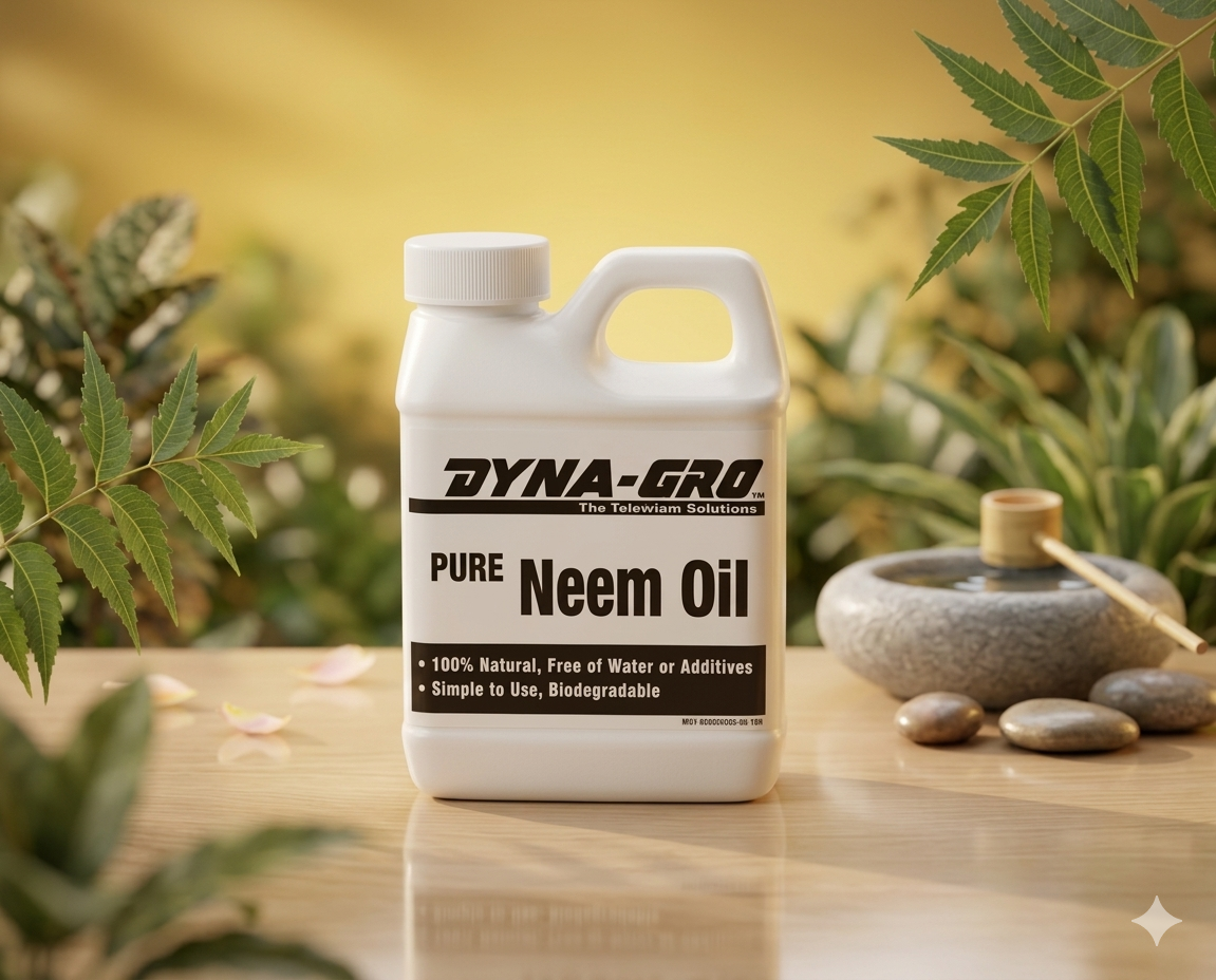 A professional studio photograph of a white 8-ounce bottle of Dyna-Gro Pure Neem Oil. The label clearly displays the brand.