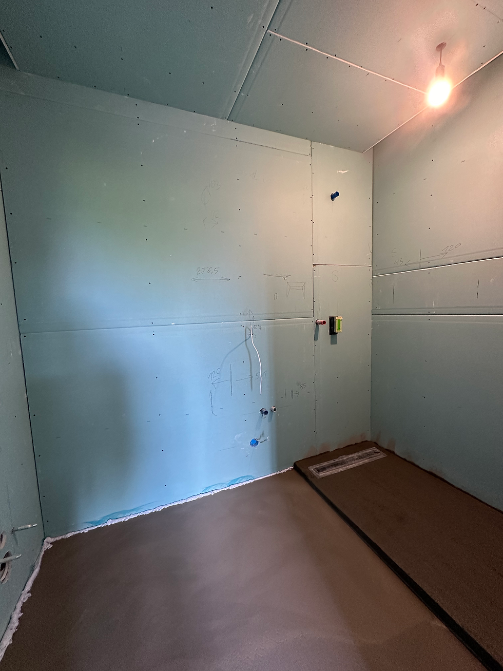 Bathroom wall boards with exposed electrical connections, Ljubljana apartment