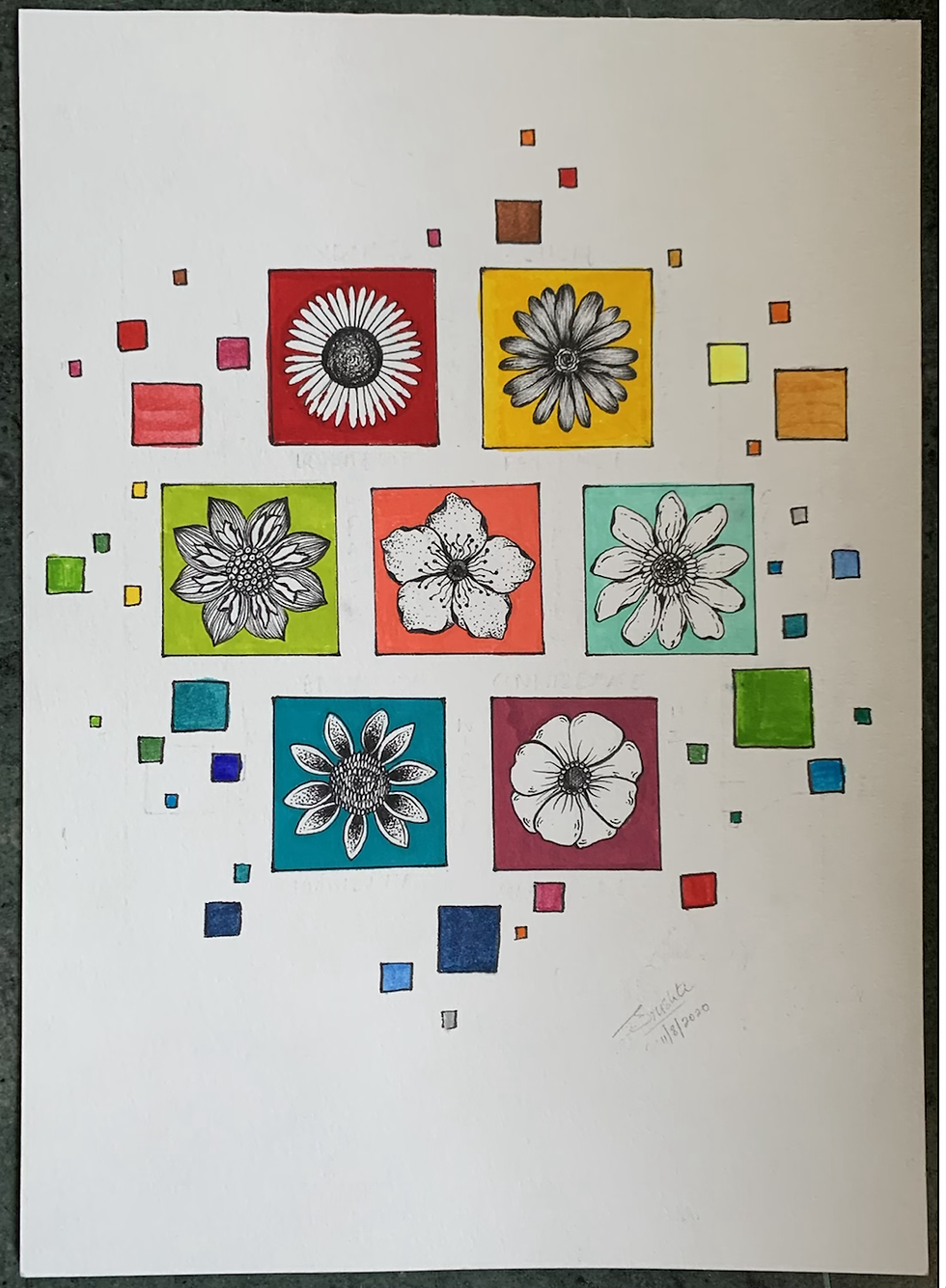 Blooming Squares, pen on paper, 21 cm × 29.5 cm