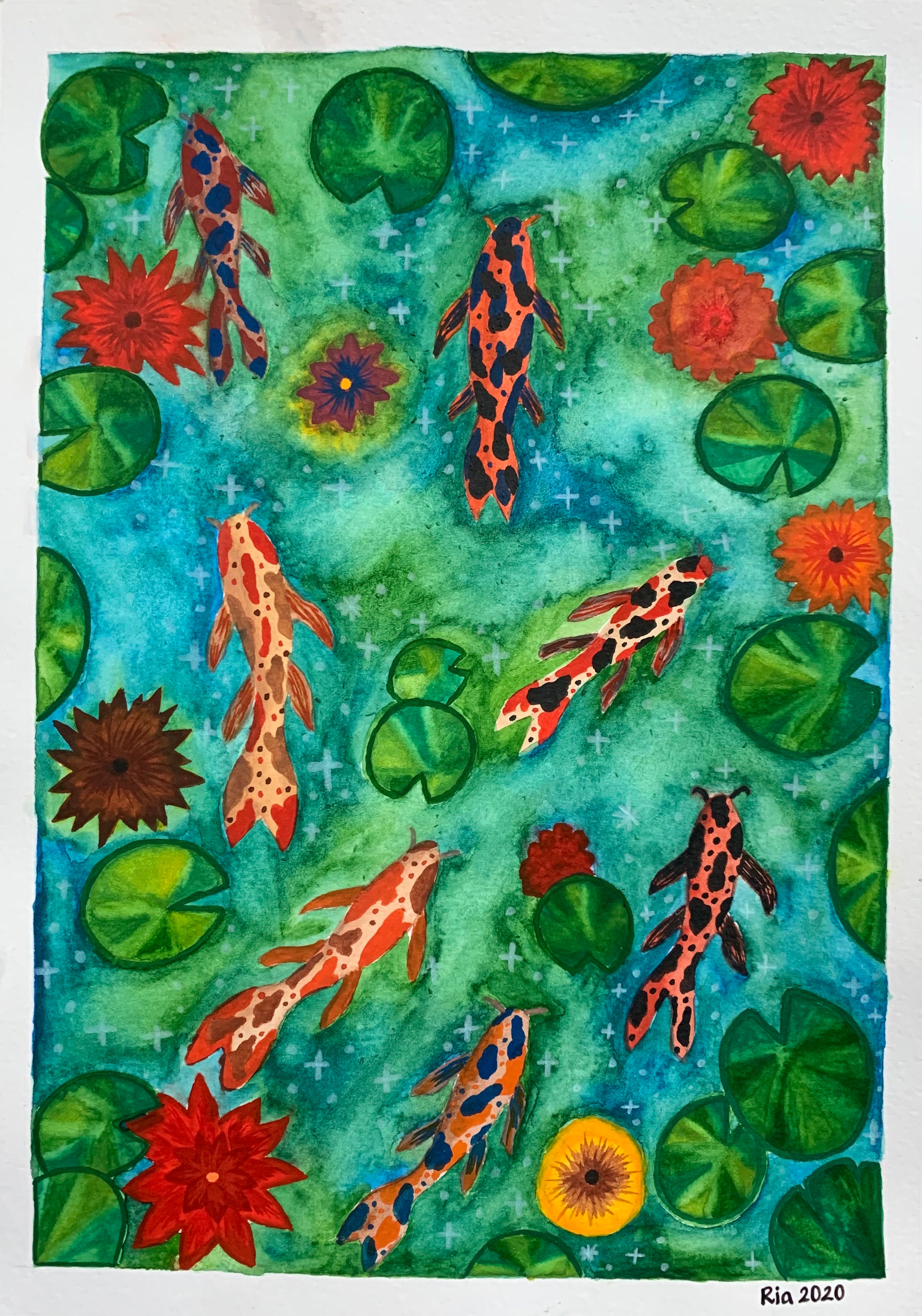 Koi fish in a pond, watercolour on paper, 21 cm × 29.5 cm