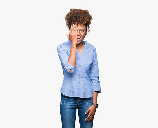 Black Woman Smiling and Wearing Glasses, Covering One Eye to Search