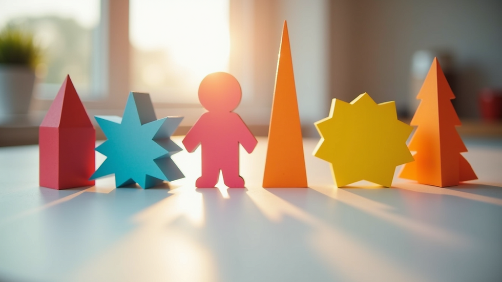 Eye-level view of colorful geometric shape cutouts on a table